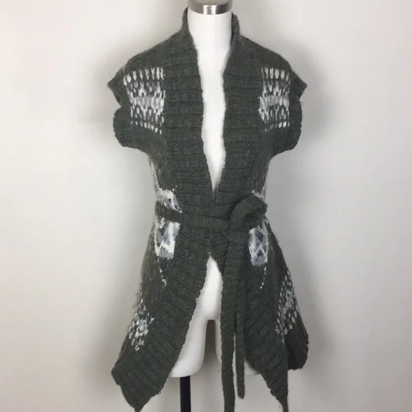 MOSSIMO Green White Nordic Thick Warm Sweater Cardigan Vest Belted - Picture 3 of 10